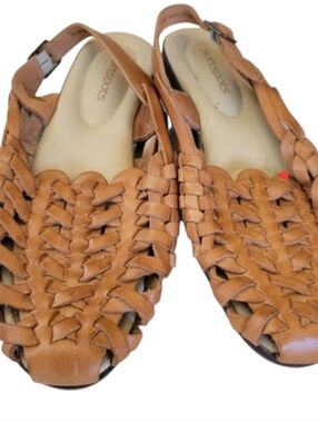 Softspots Cognac Brown Leather Huarache Slingback Style Sandals Size 7